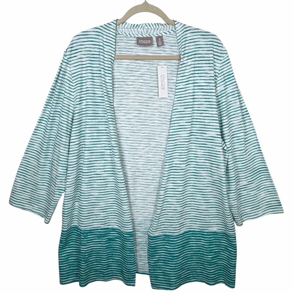 Chicos Stripe Play Open Front Knit Cardigan 3/4 Sleeve Reef Size XL (3) Topper